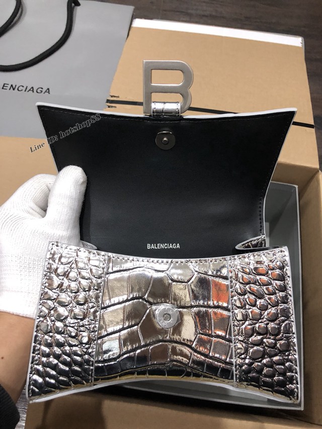 Balenciaga專櫃爆款小號手提女包 巴黎世家鱷魚銀色銀扣Hourglass沙漏包 fyj1659